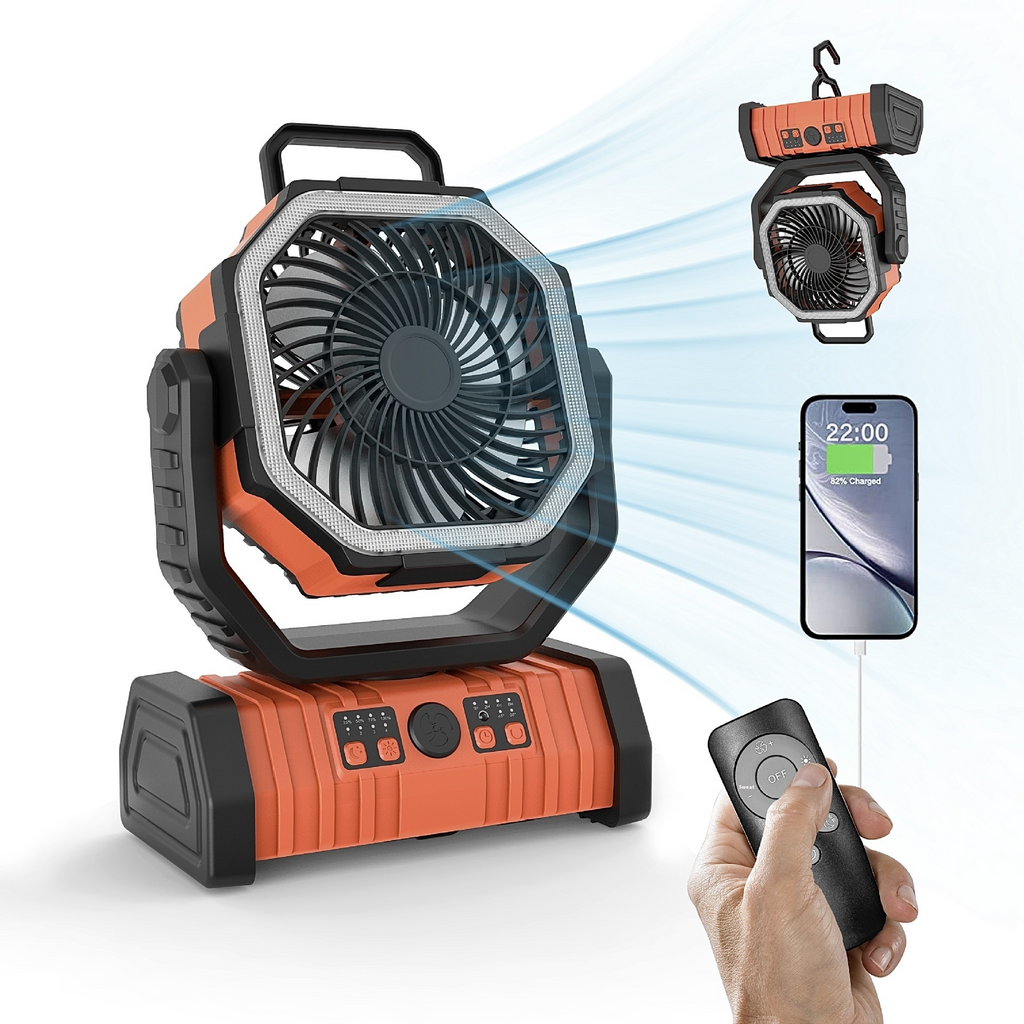 Ventilador de camping con luz LED y batería externa