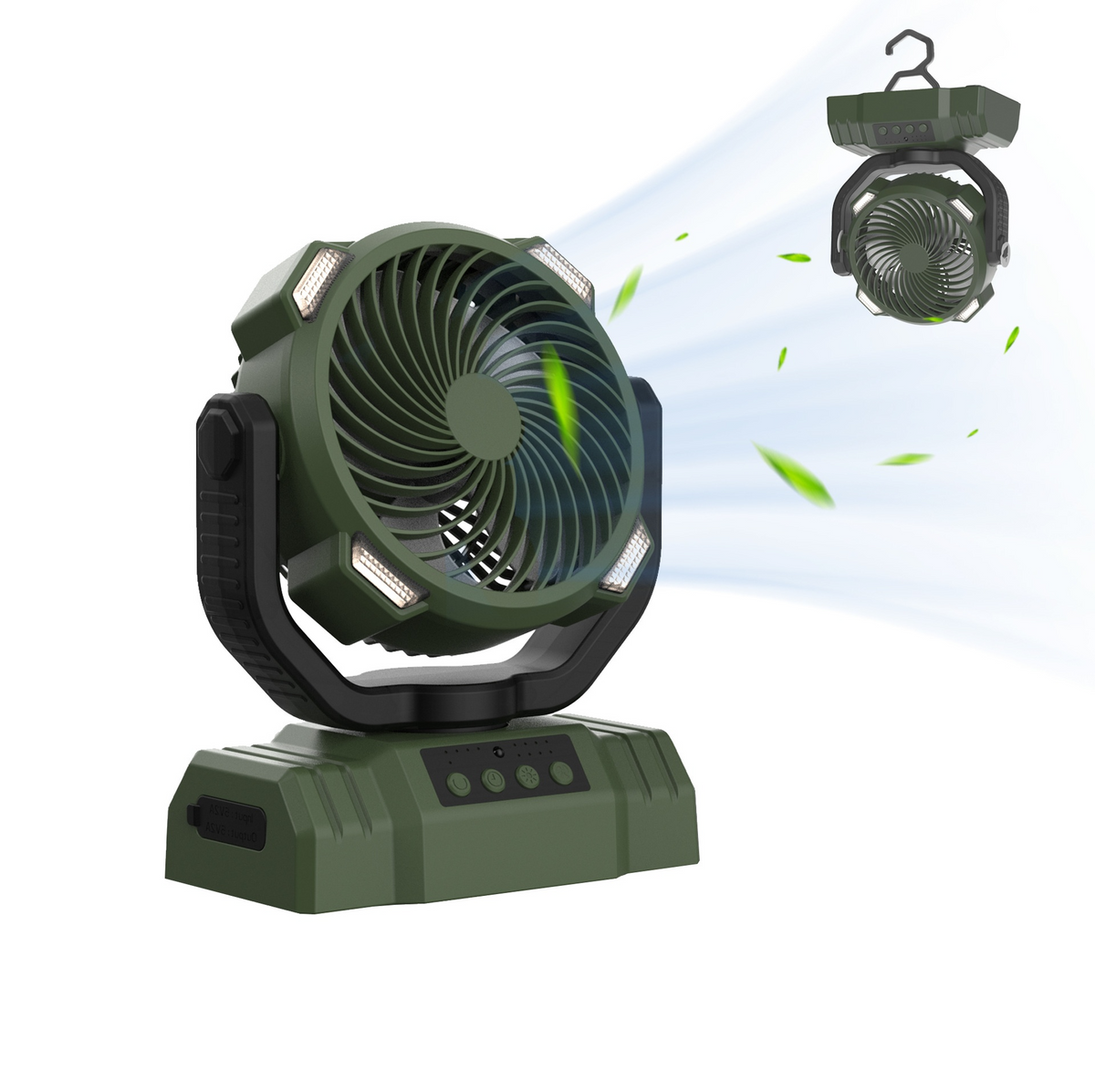 Ventilador de camping con luz LED y batería externa