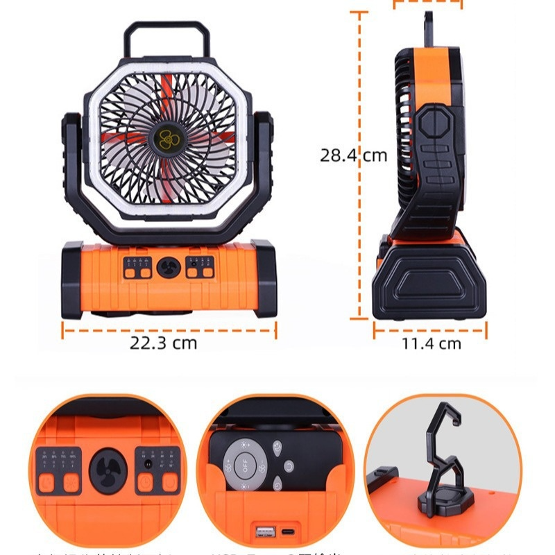 Ventilador de camping con luz LED y batería externa